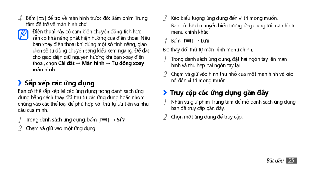 Samsung GT-S5660DSAXXV, GT-S5660SWAXXV, GT-S5660DSAXEV manual ››Sắp xếp các ứ́ng dụng, Truy cập các ứ́ng dụng gần đây 