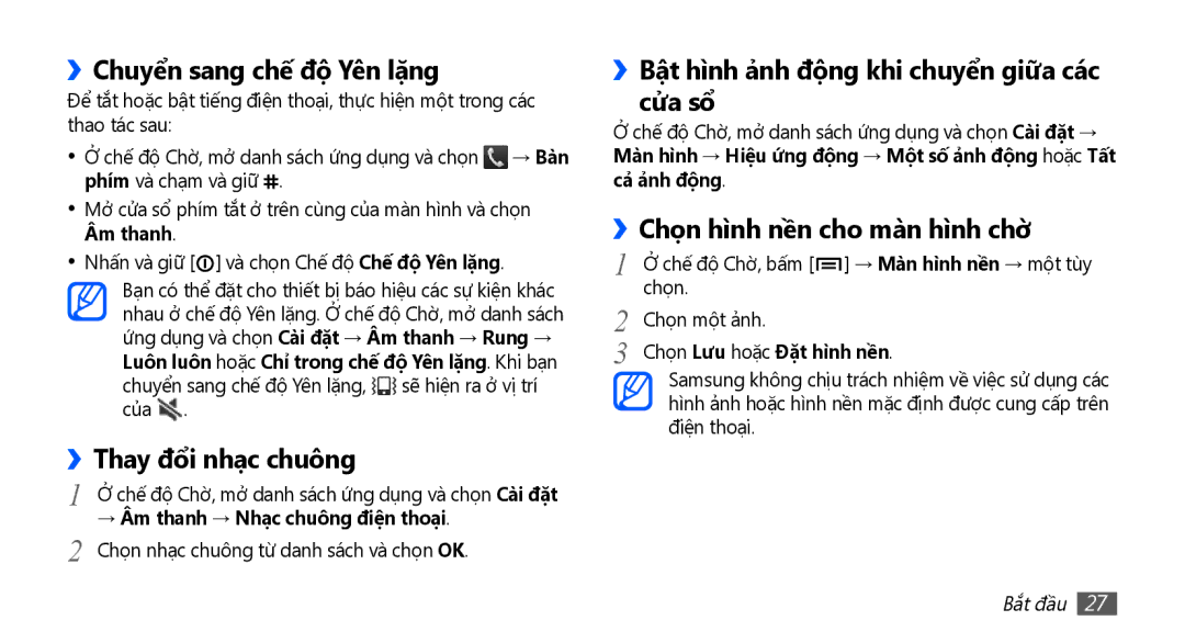 Samsung GT-S5660SWAXXV manual ››Chuyển sang chế độ Yên lặng, ››Thay đổi nhạc chuông, ››Chọn hì̀nh nền cho màn hì̀nh chờ 