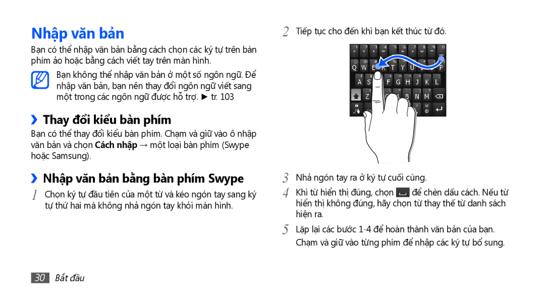 Samsung GT-S5660SWAXEV, GT-S5660SWAXXV manual ››Thay đổi kiểu bàn phím, ››Nhập văn bả̉n bằ̀ng bàn phím Swype, 30 Bắt đầu 
