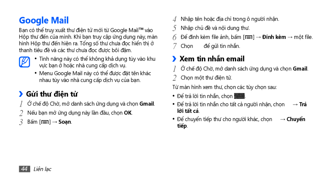 Samsung GT-S5660DSAXEV, GT-S5660SWAXXV, GT-S5660DSAXXV manual Google Mail, Gửi thư điện tử, Xem tin nhắn email, 44 Liên lạc 