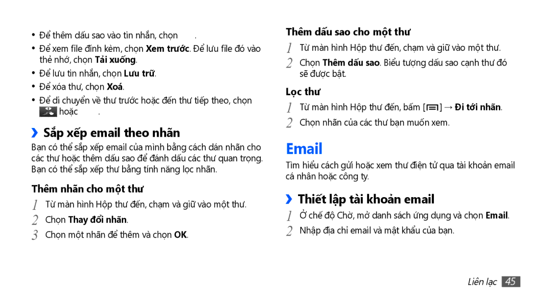 Samsung GT-S5660DSAXXV, GT-S5660SWAXXV manual ››Sắp xếp email theo nhãn, Thiết lập tài khoả̉n email, Chọn Thay đôi nhan 