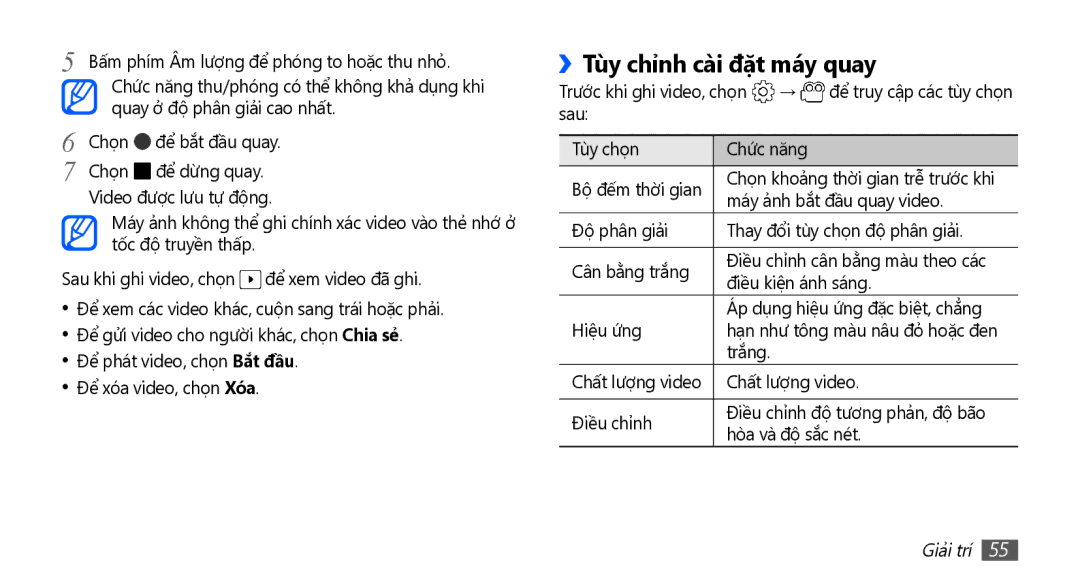 Samsung GT-S5660SWAXXV, GT-S5660DSAXEV, GT-S5660DSAXXV, GT-S5660SWAXEV manual Tùy chỉnh cài đặt máy quay 