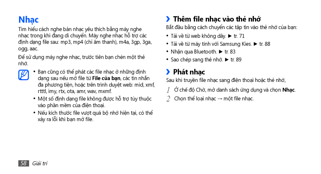 Samsung GT-S5660SWAXEV, GT-S5660SWAXXV, GT-S5660DSAXEV manual Nhạc, ››Thêm file nhạc vào thẻ nhớ, ››Phát nhạc, 58 Giải trí 