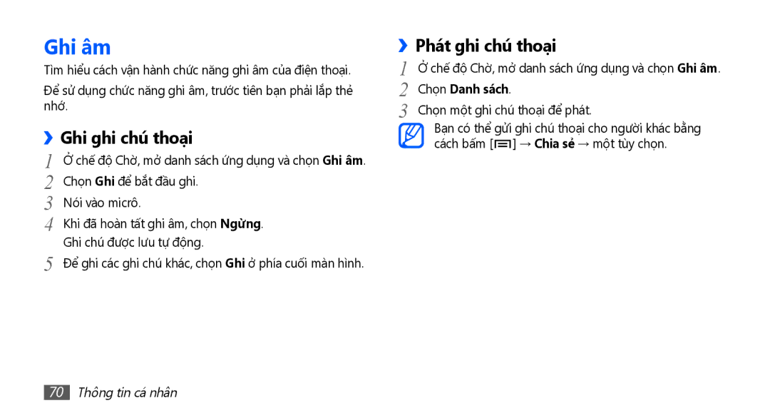 Samsung GT-S5660SWAXEV, GT-S5660SWAXXV Ghi âm, Ghi ghi chú thoại, Phát ghi chú thoại, Chọn Danh sách, 70 Thông tin cá nhân 