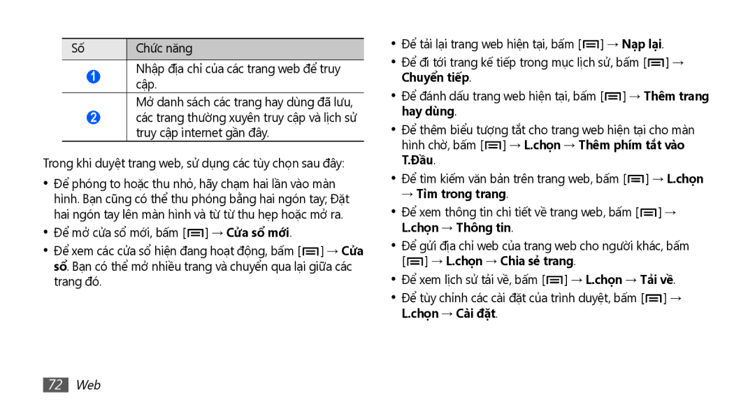 Samsung GT-S5660DSAXEV, GT-S5660SWAXXV, GT-S5660DSAXXV, GT-S5660SWAXEV → Tì̀m trong trang, → L.chọn → Chia sẻ trang, 72 Web 