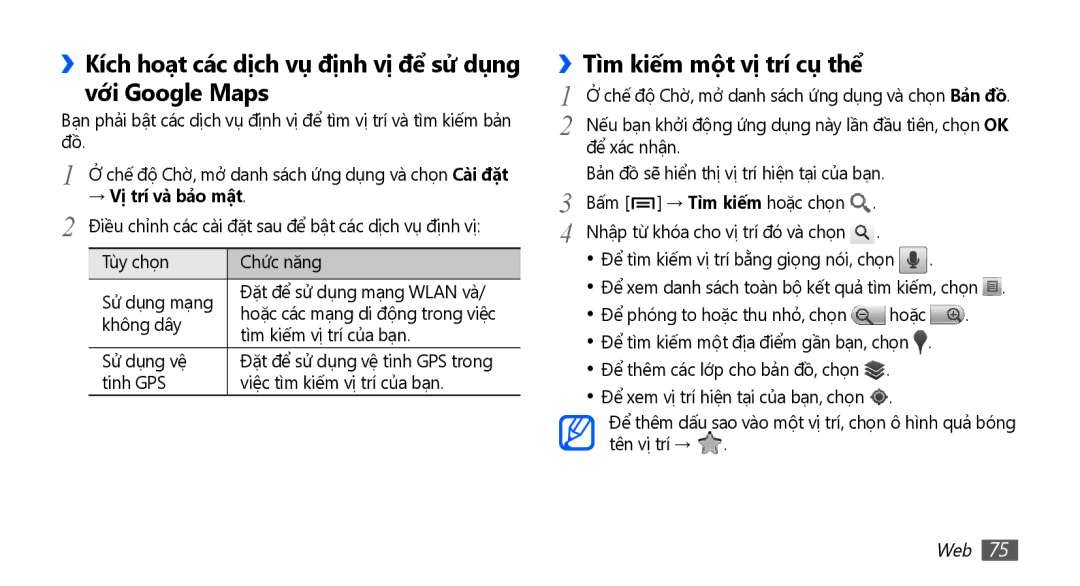 Samsung GT-S5660SWAXXV manual ››Kích hoạt các dịch vụ định vị để sử dụng với Google Maps, Tì̀m kiếm một vị trí cụ thể 