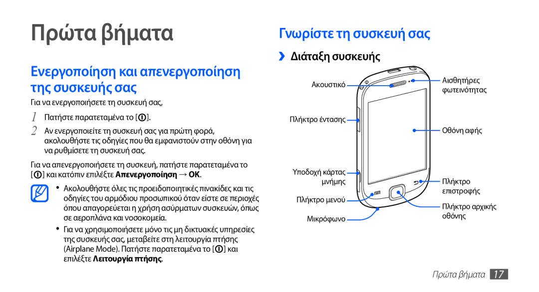 Samsung GT-S5670HKACYO Πρώτα βήματα, Γνωρίστε τη συσκευή σας, ››Διάταξη συσκευής, Για να ενεργοποιήσετε τη συσκευή σας 