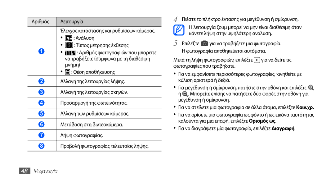 Samsung GT-S5670HKACOS manual Αριθμός Λειτουργία, Για να διαγράψετε μία φωτογραφία, επιλέξτε Διαγραφή, 48 Ψυχαγωγία 