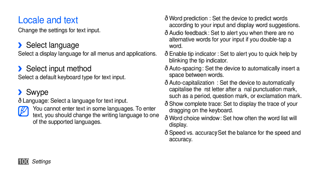 Samsung GT-S5670HKASKZ, GT-S5670HKADBT manual Locale and text, ›› Select language, ›› Select input method, ›› Swype 