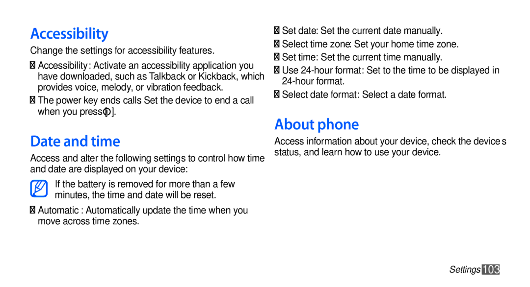 Samsung GT-S5670PWAJED manual Accessibility, Date and time, About phone, Change the settings for accessibility features 