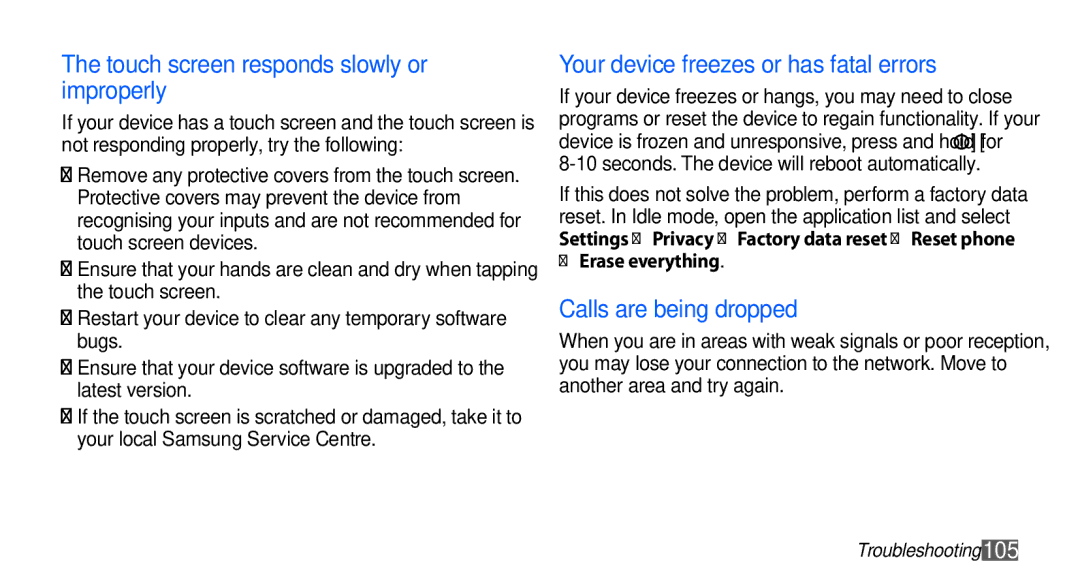 Samsung GT-S5670HKABGL, GT-S5670HKADBT Touch screen responds slowly or improperly, Your device freezes or has fatal errors 