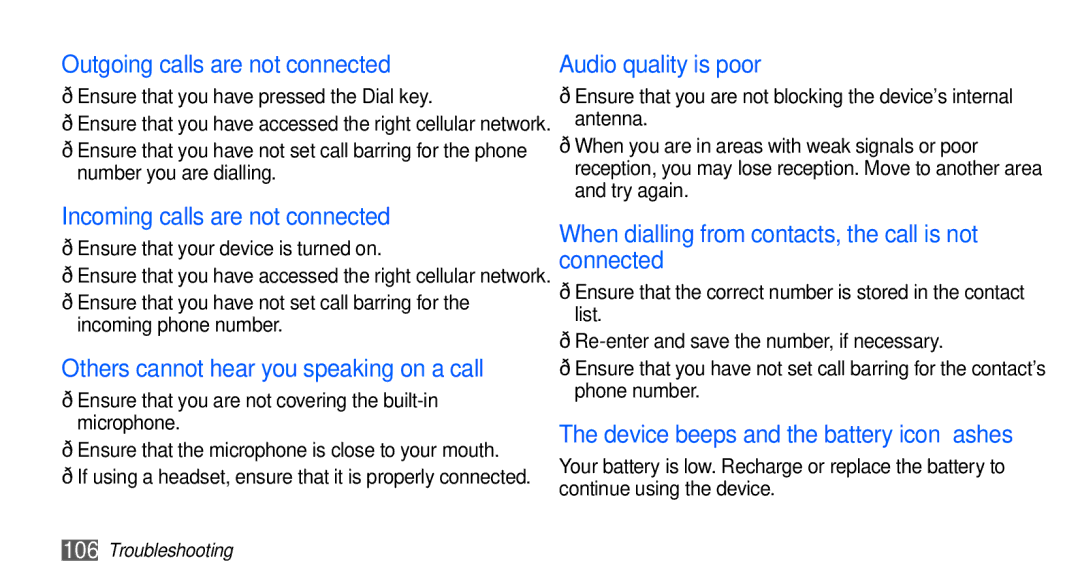 Samsung GT-S5670PWATWO manual Outgoing calls are not connected, Incoming calls are not connected, Audio quality is poor 