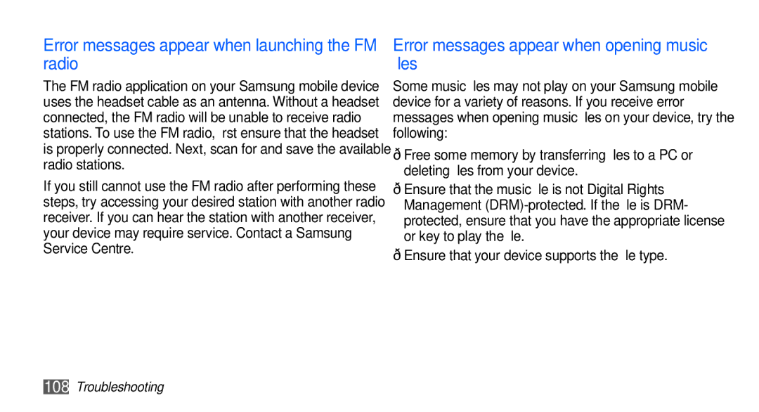 Samsung GT-S5670HKATWO Error messages appear when launching the FM radio, Error messages appear when opening music files 