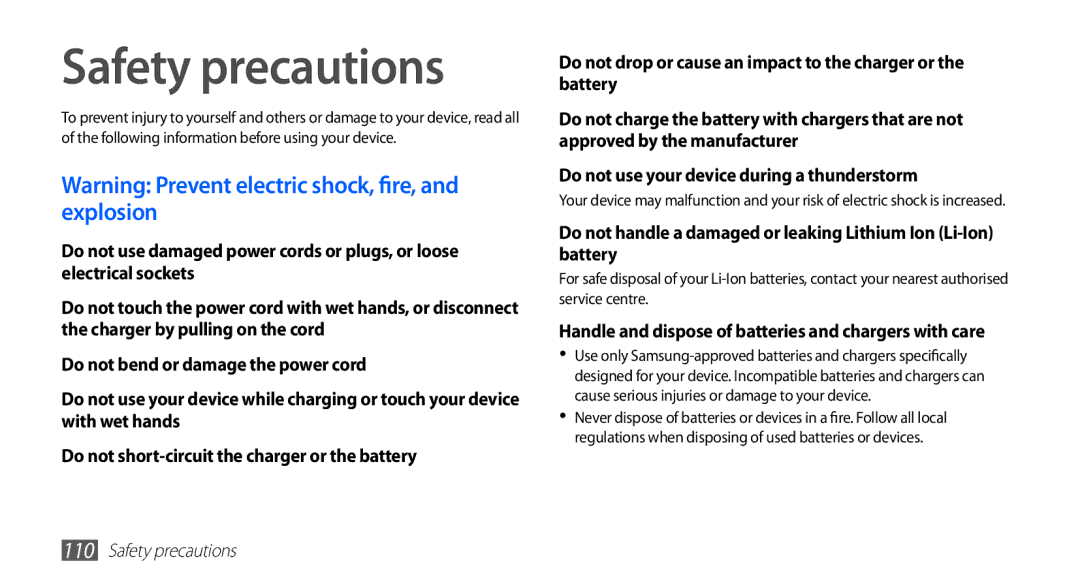 Samsung GT-S5670PWAEUR, GT-S5670HKADBT manual Safety precautions, Handle and dispose of batteries and chargers with care 