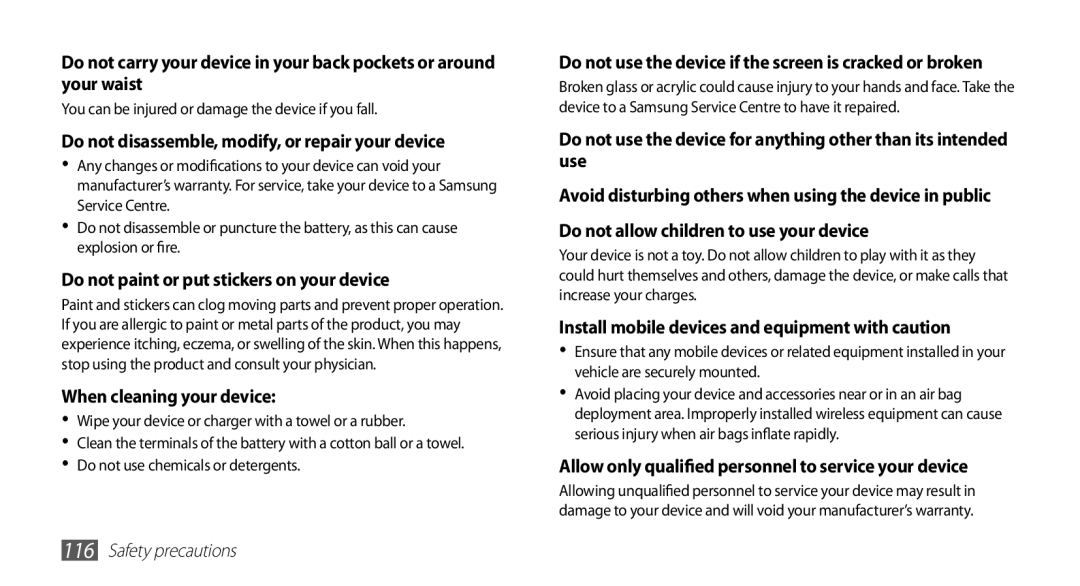 Samsung GT-S5670HKASER, GT-S5670HKADBT, GT-S5670HKACOS, GT-S5670PWACOS Do not disassemble, modify, or repair your device 