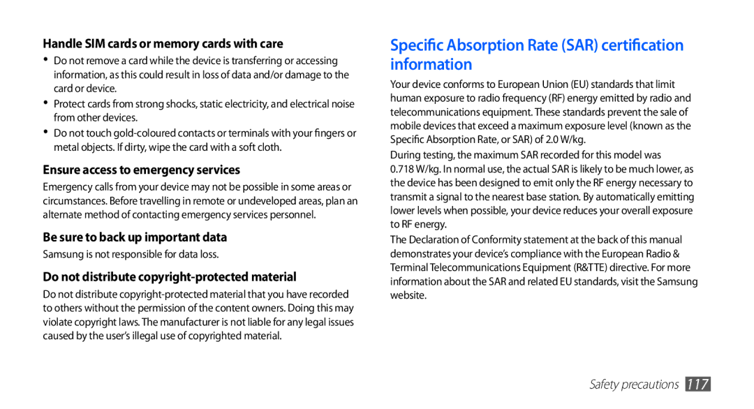 Samsung GT-S5670HKADBT Specific Absorption Rate SAR certification information, Handle SIM cards or memory cards with care 