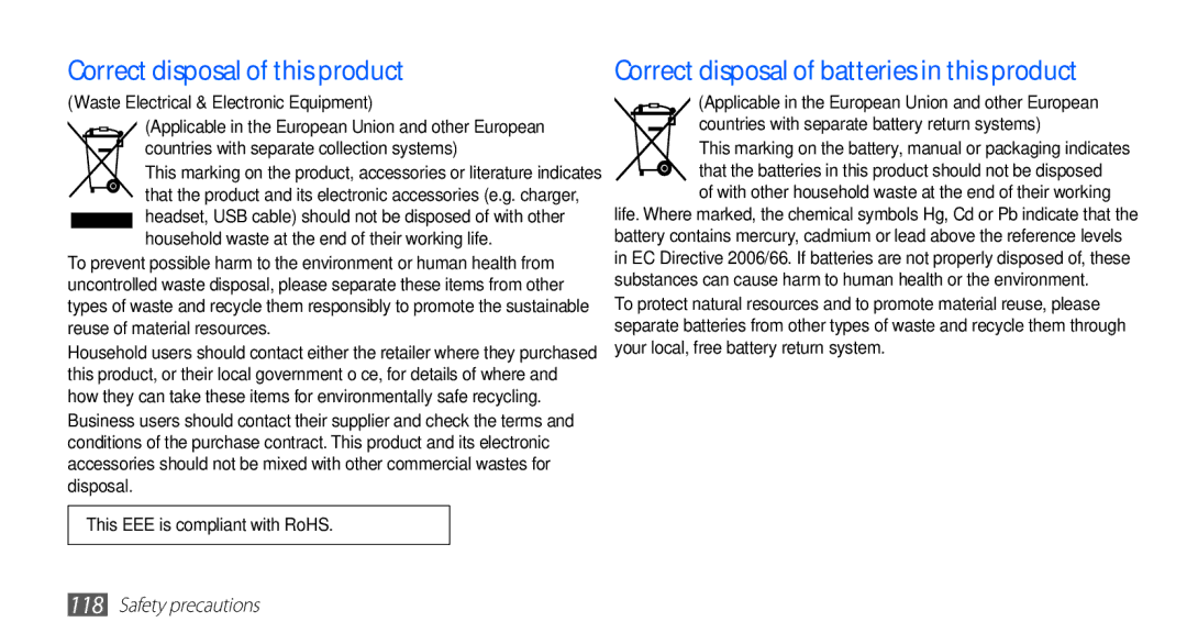 Samsung GT-S5670HKACOS, GT-S5670HKADBT Correct disposal of this product, Correct disposal of batteries in this product 