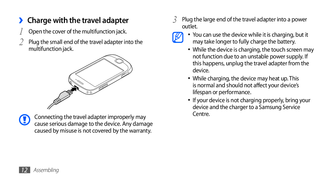 Samsung GT-S5670PWATHR, GT-S5670HKADBT, GT-S5670HKACOS, GT-S5670PWACOS manual ›› Charge with the travel adapter, Outlet 