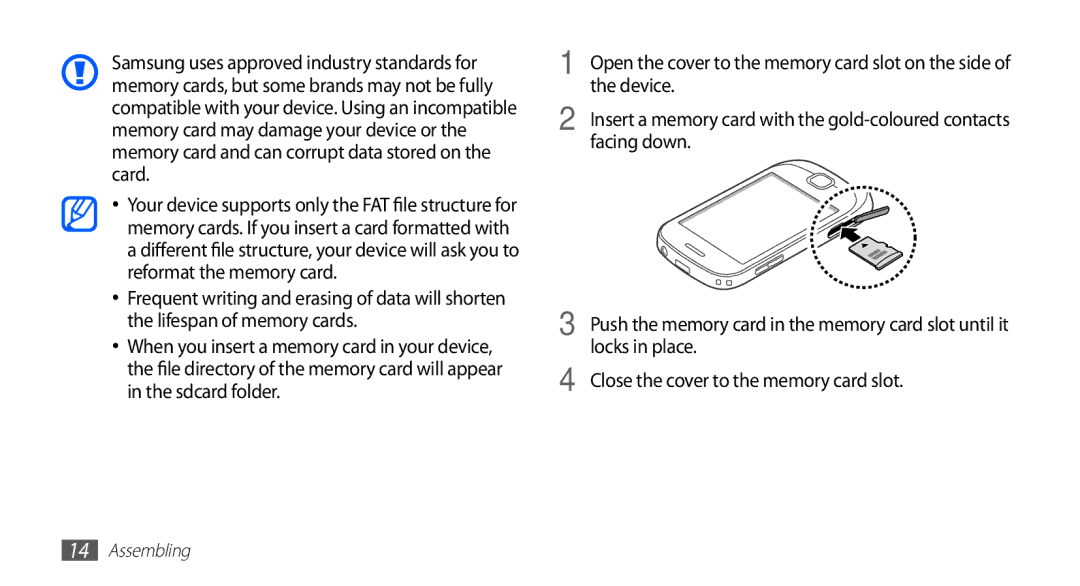 Samsung GT-S5670HKAKSA, GT-S5670HKADBT manual Device, Facing down, Locks in place, Close the cover to the memory card slot 