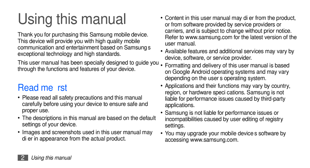 Samsung GT-S5670PWACOS, GT-S5670HKADBT, GT-S5670HKACOS, GT-S5670HKAXEG, GT-S5670PWAATO Using this manual, Read me first 