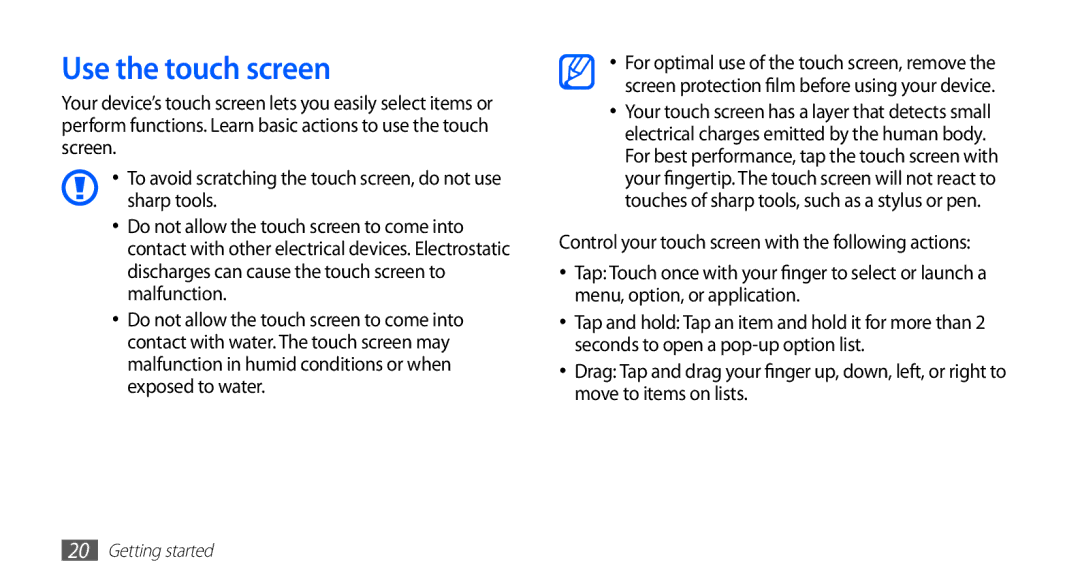 Samsung GT-S5670PWAAFR, GT-S5670HKADBT, GT-S5670HKACOS, GT-S5670PWACOS, GT-S5670HKAXEG, GT-S5670PWAATO Use the touch screen 