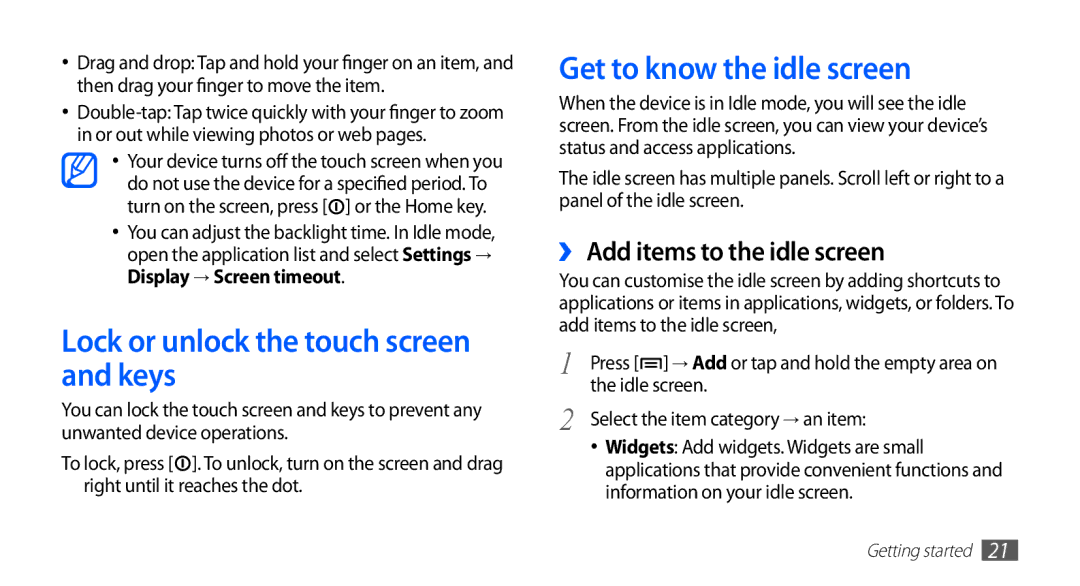 Samsung GT-S5670PWAEGY, GT-S5670HKADBT Lock or unlock the touch screen and keys, Get to know the idle screen, Idle screen 