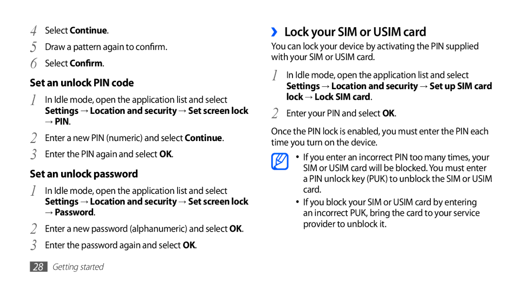 Samsung GT-S5670PWATWO, GT-S5670HKADBT manual ›› Lock your SIM or Usim card, → Pin, → Password, Lock → Lock SIM card 