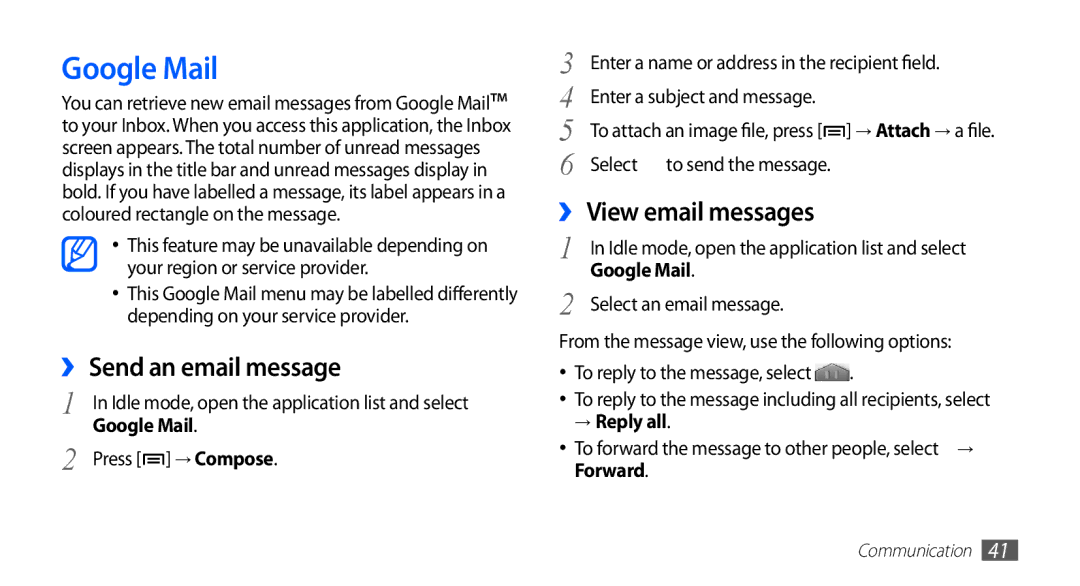 Samsung GT-S5670PWACOS, GT-S5670HKADBT manual Google Mail, ›› Send an email message, ›› View email messages, → Reply all 