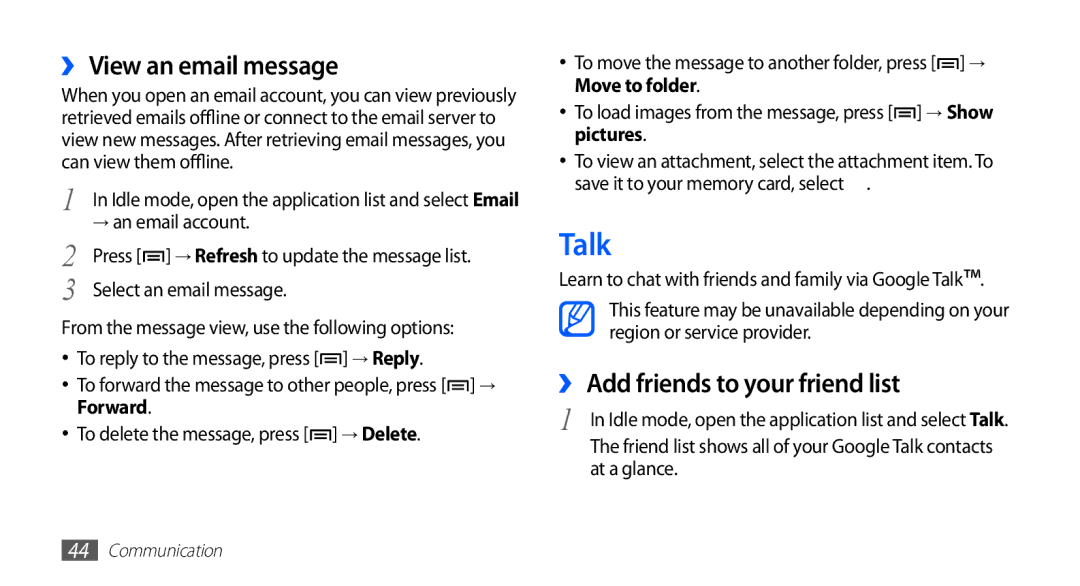 Samsung GT-S5670PWADBT manual Talk, ›› View an email message, ›› Add friends to your friend list, → an email account 