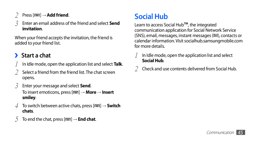 Samsung GT-S5670PWATUR, GT-S5670HKADBT, GT-S5670HKACOS, GT-S5670PWACOS, GT-S5670HKAXEG manual Social Hub, ›› Start a chat 