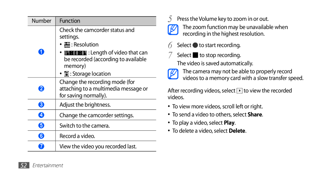 Samsung GT-S5670HKAJED, GT-S5670HKADBT Storage location Change the recording mode for, Recording in the highest resolution 