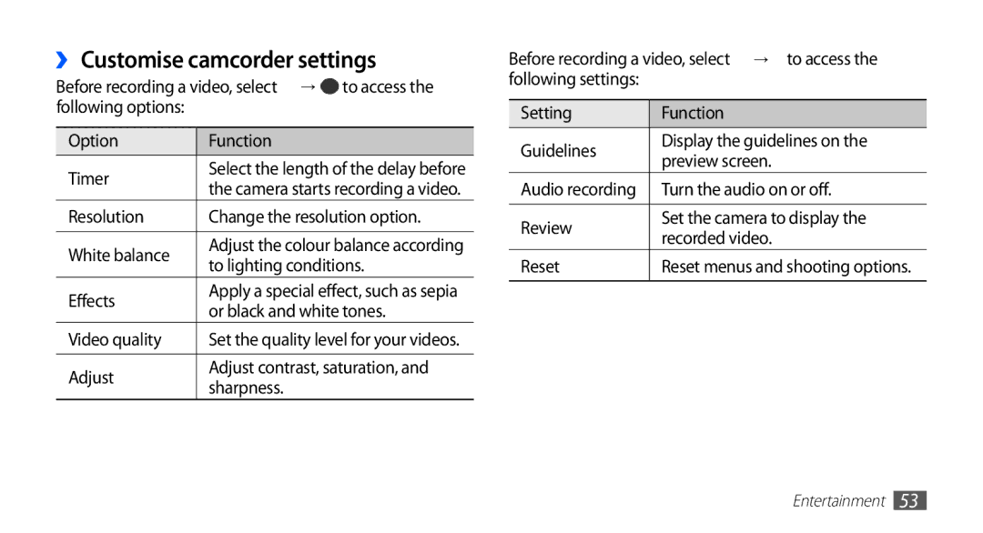 Samsung GT-S5670HKAKSA, GT-S5670HKADBT, GT-S5670HKACOS, GT-S5670PWACOS, GT-S5670HKAXEG manual ›› Customise camcorder settings 