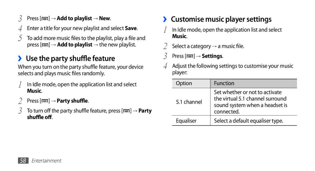 Samsung GT-S5670HKAXSG manual ›› Use the party shuffle feature, ›› Customise music player settings, → Add to playlist → New 