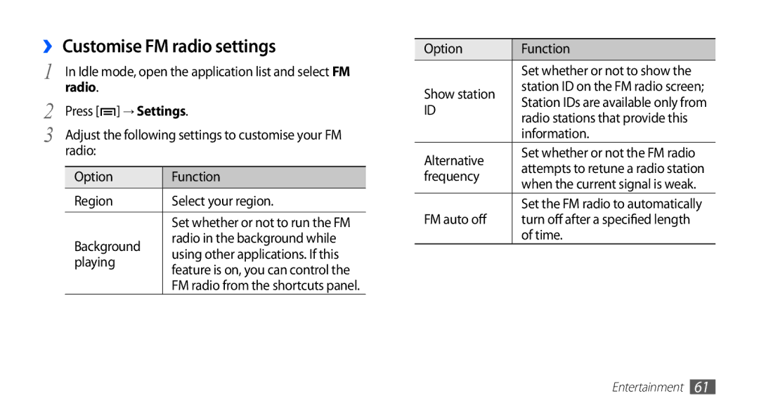 Samsung GT-S5670HKASKZ, GT-S5670HKADBT, GT-S5670HKACOS, GT-S5670PWACOS manual ›› Customise FM radio settings, → Settings 