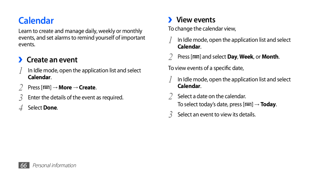 Samsung GT-S5670HKABGL, GT-S5670HKADBT, GT-S5670HKACOS, GT-S5670PWACOS manual Calendar, ›› Create an event, ›› View events 