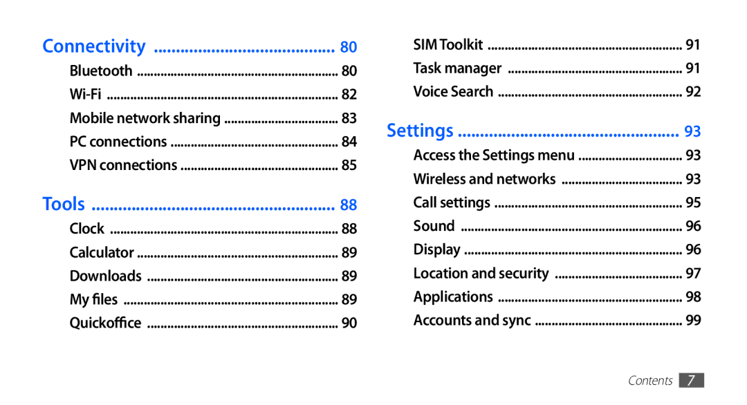 Samsung GT-S5670HKAITV, GT-S5670HKADBT, GT-S5670HKACOS, GT-S5670PWACOS, GT-S5670HKAXEG manual Connectivity, Tools, Settings 