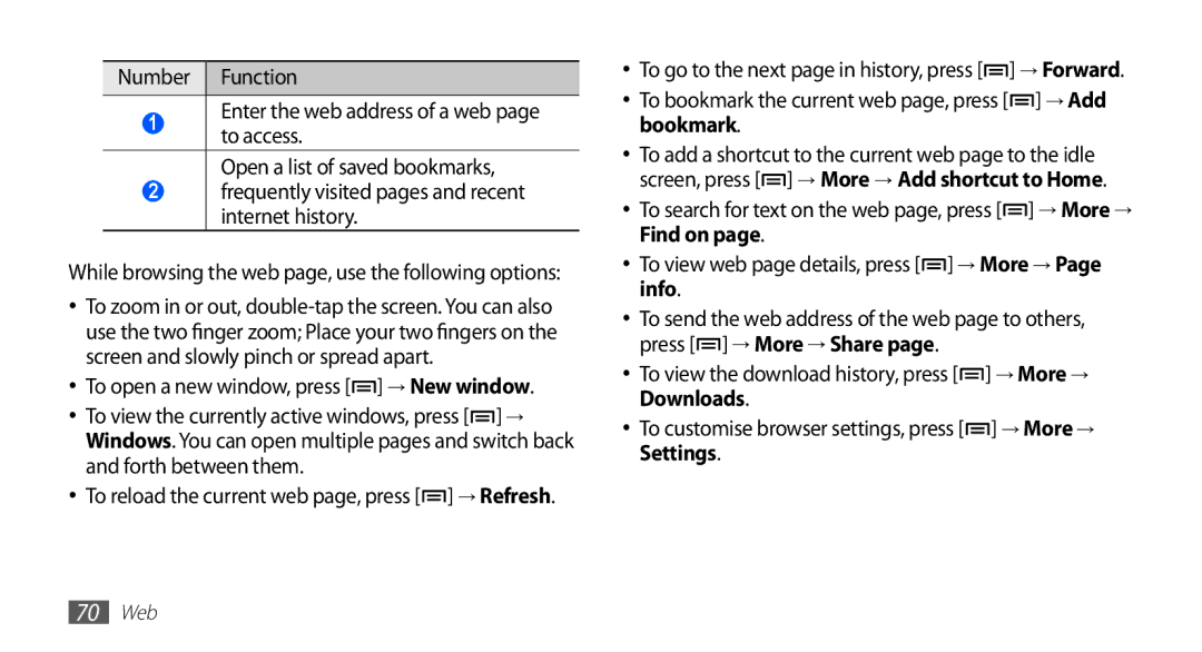 Samsung GT-S5670HKATEM, GT-S5670HKADBT, GT-S5670HKACOS manual To bookmark the current web page, press → Add bookmark 