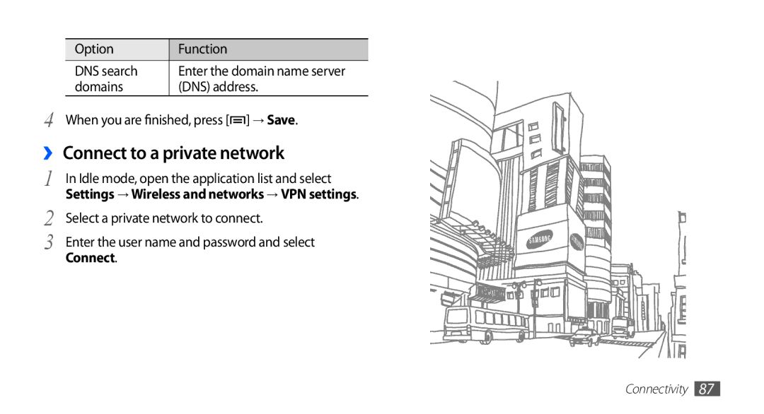 Samsung GT-S5670HKAECT, GT-S5670HKADBT, GT-S5670HKACOS manual ›› Connect to a private network, Option Function DNS search 