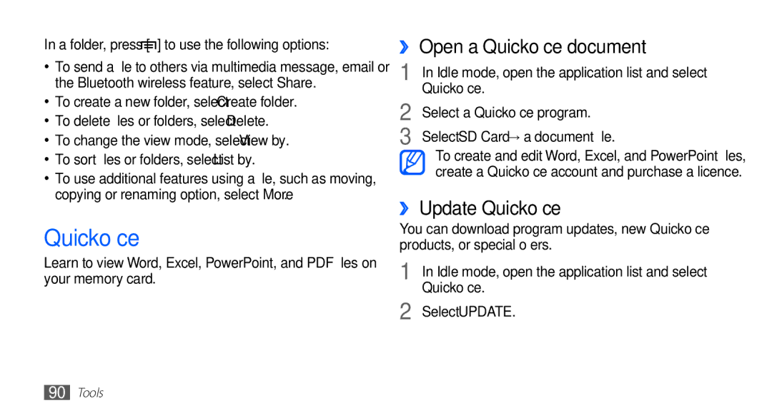 Samsung GT-S5670PWATHR, GT-S5670HKADBT, GT-S5670HKACOS manual ›› Open a Quickoffice document, ›› Update Quickoffice 