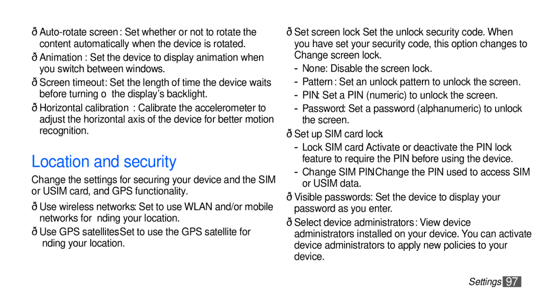 Samsung GT-S5670HKAXSG, GT-S5670HKADBT, GT-S5670HKACOS, GT-S5670PWACOS manual Location and security, Set up SIM card lock 