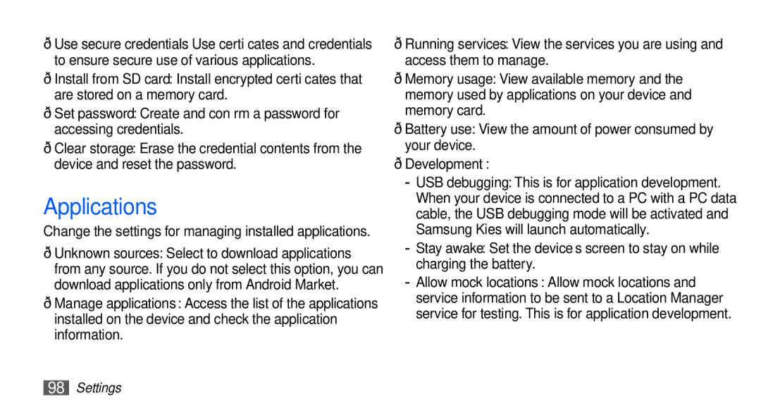 Samsung GT-S5670PWAAFR, GT-S5670HKADBT, GT-S5670HKACOS, GT-S5670PWACOS, GT-S5670HKAXEG manual Applications, Development 