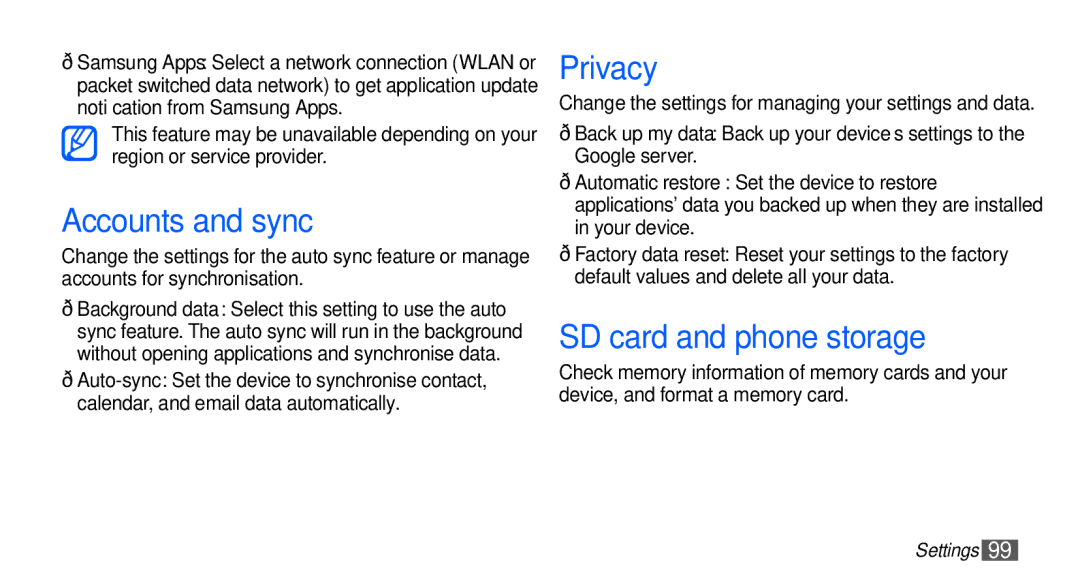 Samsung GT-S5670PWAEGY, GT-S5670HKADBT, GT-S5670HKACOS, GT-S5670PWACOS Accounts and sync, Privacy, SD card and phone storage 