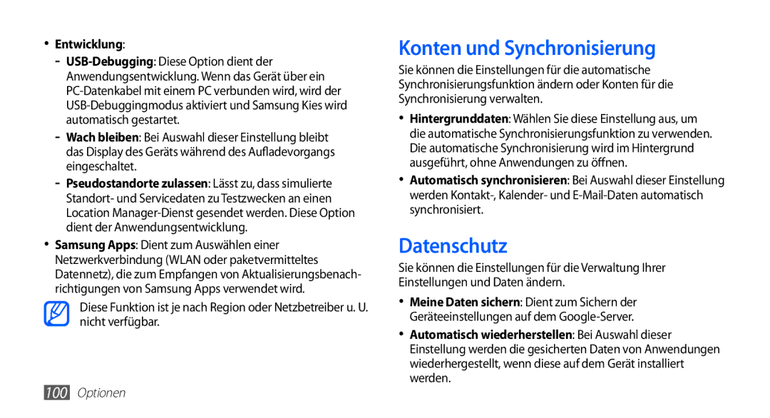 Samsung GT-S5670PWACOS, GT-S5670HKADBT, GT-S5670HKACOS, GT-S5670HKAXEG Konten und Synchronisierung, Datenschutz, Entwicklung 