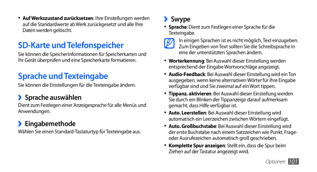 Samsung GT-S5670HKAXEG manual SD-Karte und Telefonspeicher, Sprache und Texteingabe, ››Sprache auswählen, ››Eingabemethode 