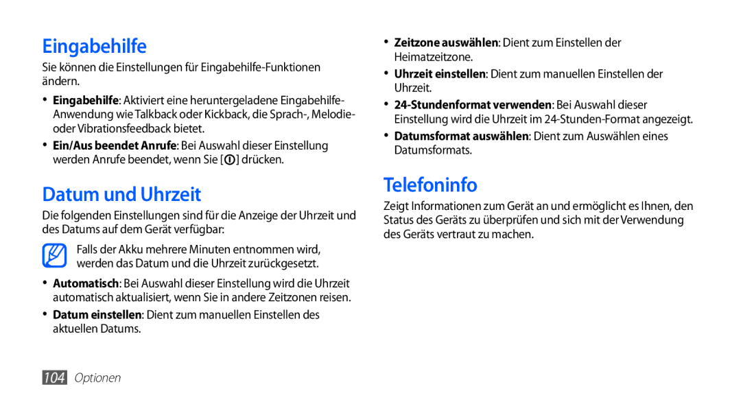 Samsung GT-S5670PWATUR, GT-S5670HKADBT, GT-S5670HKACOS, GT-S5670PWACOS manual Eingabehilfe, Datum und Uhrzeit, Telefoninfo 