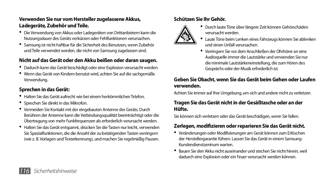 Samsung GT-S5670PWAATO, GT-S5670HKADBT, GT-S5670HKACOS, GT-S5670PWACOS manual Sprechen in das Gerät, Schützen Sie Ihr Gehör 