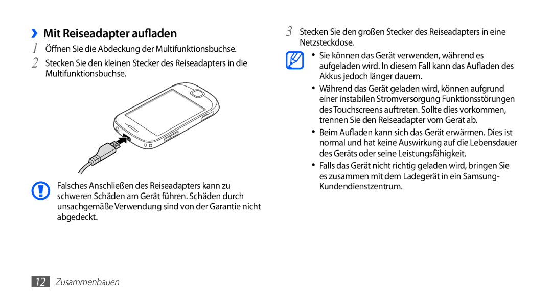 Samsung GT-S5670PWADBT, GT-S5670HKADBT, GT-S5670HKACOS, GT-S5670PWACOS, GT-S5670HKAXEG manual ››Mit Reiseadapter aufladen 