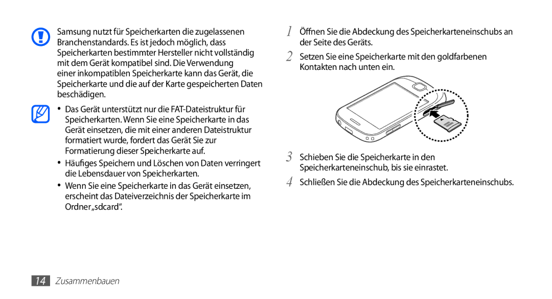 Samsung GT-S5670HKADBT, GT-S5670HKACOS, GT-S5670PWACOS, GT-S5670HKAXEG, GT-S5670PWAATO, GT-S5670PWADBT manual Zusammenbauen 