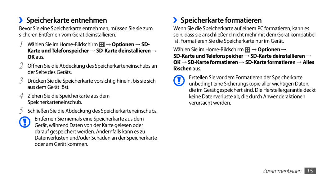 Samsung GT-S5670HKACOS, GT-S5670HKADBT, GT-S5670PWACOS manual ››Speicherkarte entnehmen, ››Speicherkarte formatieren 