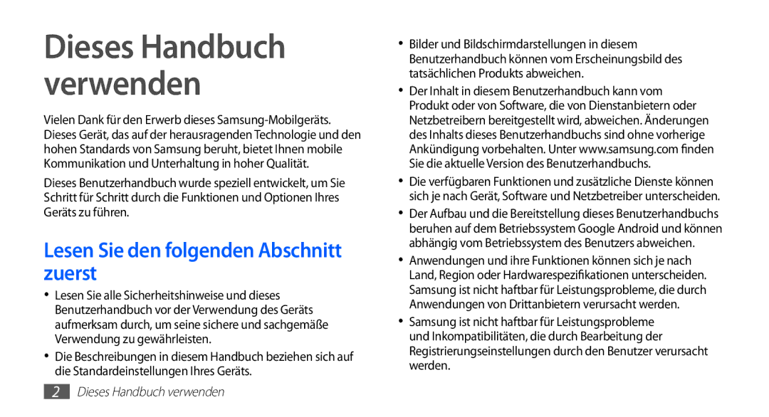 Samsung GT-S5670PWACOS, GT-S5670HKADBT, GT-S5670HKACOS Dieses Handbuch verwenden, Lesen Sie den folgenden Abschnitt zuerst 